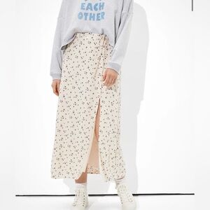 AE Women's Cream Floral Button Up Slit Midi Skirt